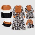 Family Matching Leopard Print Spliced Cable Knit Belted Midi Dresses and Long-sleeve Colorblock Sweatshirts Sets Khaki