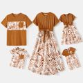 Family Matching Solid Spliced Leaf Print Midi Dresses and Short-sleeve T-shirts Sets Brown
