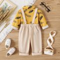 2pcs Baby Boy 100% Cotton Long-sleeve Allover Feather Print Button Up Shirt and Solid Suspender Pants Set Ginger-2 image 2