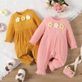 Baby Girl Knitted Flower Detail Rib Knit Long-sleeve Jumpsuit DarkPink image 2