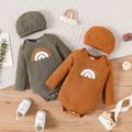 2pcs Baby Boy Rainbow Embroidered Long-sleeve Waffle Romper with Hat Set Brown image 2