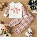 2pcs Baby Girl Bear & Letter Print Drop Shoulder Long-sleeve Sweatshirt and Plaid Sweatpants Set PinkyWhite image 1