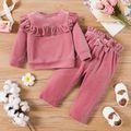 2pcs Baby Girl Pink Velvet Ruffle Trim Long-sleeve Top and Bow Front Pants Set Pink image 1
