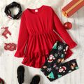 3pcs Kid Girl Christmas Ruffled High Low Long-sleeve Tee and Leggings & Scarf Set Red image 1