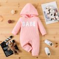 Baby Boy/Girl Letter Embroidered Waffle Textured Long-sleeve Hooded Jumpsuit Pink image 1