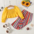 2pcs Baby Girl 100% Cotton Off Shoulder Long-sleeve Shirred Ruffle Top and Colorful Striped Pants Set TenderYellow image 2