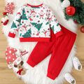 Christmas 2pcs Baby Boy Allover Xmas Tree & Santa Claus Print Long-sleeve Sweatshirt and Sweatpants Set REDWHITE image 2
