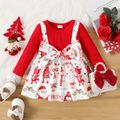 Christmas Baby Girl Red Rib Knit Long-sleeve Faux-two Allover Print Bow Front Dress REDWHITE image 1