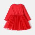 باربي طفل صغير فتاة عيد الميلاد شخصية طباعة شبكة لصق فستان طويل الأكمام أحمر image 2