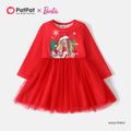 Barbie Toddler Girl Christmas Character Print Mesh Splice Long-sleeve Dress Red image 1