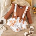 Baby Girl Solid Spliced Floral Print Ruffle Trim Long-sleeve Bow Front Romper Brown image 1