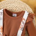 Baby Girl Solid Spliced Floral Print Ruffle Trim Long-sleeve Bow Front Romper Brown image 3