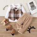 2pcs Baby Boy 100% Cotton Long-sleeve Faux-two Plaid Waistcoat Shirt and Solid Corduroy Pants Set Brown image 1