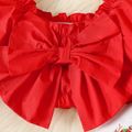 Christmas 2pcs Baby Girl 100% Cotton Frill Trim Bow Front Long-sleeve Shirred Crop Top and Allover Snowman Print Flared Pants Set Red image 3