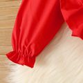 Christmas 2pcs Baby Girl 100% Cotton Frill Trim Bow Front Long-sleeve Shirred Crop Top and Allover Snowman Print Flared Pants Set Red image 4