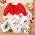 Christmas 2pcs Baby Girl 100% Cotton Frill Trim Bow Front Long-sleeve Shirred Crop Top and Allover Snowman Print Flared Pants Set Red image 1