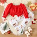 Christmas 2pcs Baby Girl 100% Cotton Frill Trim Bow Front Long-sleeve Shirred Crop Top and Allover Snowman Print Flared Pants Set Red image 2