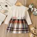 2pcs Toddler Girl Ruffled Long-sleeve Tee and Button Design Plaid Belted Skirt Set Apricot image 2