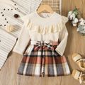2pcs Toddler Girl Ruffled Long-sleeve Tee and Button Design Plaid Belted Skirt Set Apricot image 1