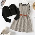 2pcs Kid Girl Plaid Faux Belt Design Sleeveless Dress and Black Cardigan Set Black image 1