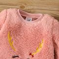 Christmas Baby Girl Deer & Letter Embroidered Long-sleeve Thermal Fuzzy Jumpsuit LightRed image 3