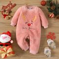 Christmas Baby Girl Deer & Letter Embroidered Long-sleeve Thermal Fuzzy Jumpsuit LightRed image 1