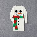 Christmas Family Matching Snowman Graphic White Knitted Belted Dresses and Tops Sets White