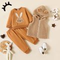 2pcs Baby Girl Rabbit Graphic Long-sleeve Sweatshirt and Sweatpants with Fuzzy Vest Set Coffee image 1