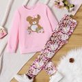 2pcs Kid Girl Bear Floral Embroidered 3D Bowknot Design Pink Sweatshirt and Leggings Set Pink image 1