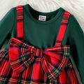 Baby Girl Solid Long-sleeve Spliced Red Plaid Bow Front Dress Red image 3