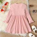 Toddler Girl Ruffled Solid Color Ribbed Long-sleeve Cotton Dress Pink image 2
