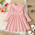 Toddler Girl Ruffled Solid Color Ribbed Long-sleeve Cotton Dress Pink image 1