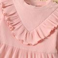Toddler Girl Ruffled Solid Color Ribbed Long-sleeve Cotton Dress Pink image 4