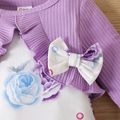 2pcs Baby Girl Purple Rib Knit Ruffle Trim Long-sleeve Spliced Floral Print Bow Front Romper with Headband Set LightMediumPurple image 3