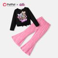 L.O.L. SURPRISE! 2pcs Kid Girl Graphic Print Tie Knot Long-sleeve White Tee and Stripe Heart Leopard Print Pink Flared Pants Set Black image 1