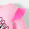 Barbie Baby Girl 95% Cotton Long-sleeve Letter Graphic Spliced Mesh Jumpsuit Pink
