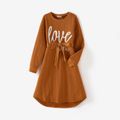 Letter Embroidered Textured Long-sleeve Belted Dress for Mom and Me tawny