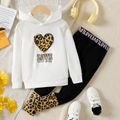 2pcs Kid Girl Letter Heart Print Hoodie Sweatshirt and Leopard Print Splice Leggings Set OffWhite