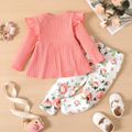 2pcs Baby Girl 95% Cotton Rib Knit Ruffle Long-sleeve Bow Front Top and Allover Floral Print Pants Set incarnadinepink image 2
