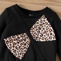 3pcs Baby Girl Leopard Print Bow Front Black Long-sleeve Sweatshirt and Flared Pants Set Black image 3