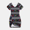 Christmas Family Matching Allover String Lights & Snowflake Print Black Twist Knot Bodycon Dresses and Short-sleeve T-shirts Sets Black image 3