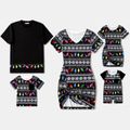 Christmas Family Matching Allover String Lights & Snowflake Print Black Twist Knot Bodycon Dresses and Short-sleeve T-shirts Sets Black image 1