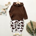 2pcs Toddler Girl Pocket Design Hoodie Sweatshirt and Cow Print Pants Set Brown image 1