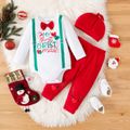 Christmas 3pcs Baby Boy Letter Print Long-sleeve Bow Tie Romper and Deer Graphic Pants with Headband Set REDWHITE image 1
