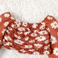 2pcs Baby Girl Allover Daisy Floral Print Off Shoulder Long-sleeve Ruched Crop Top and Button Front Ruffle Skirt Set Brown image 3