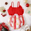 Christmas 2pcs Baby Girl 100% Cotton Red Bow Front Shirred Camisole and Allover Deer Print Striped Shorts Set Red image 2