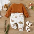 Baby Girl Waffle Long-sleeve Faux-two Allover Deer Print Button Jumpsuit Brown image 2