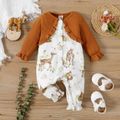 Baby Girl Waffle Long-sleeve Faux-two Allover Deer Print Button Jumpsuit Brown image 1