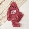 Mommy and Me Letter Embroidered Long-sleeve Thermal Fuzzy Hoodies and Pants Sets Dark Pink image 2