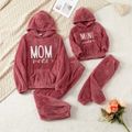 Mommy and Me Letter Embroidered Long-sleeve Thermal Fuzzy Hoodies and Pants Sets Dark Pink image 1